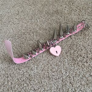 Pink leather and Silver Spiked choker Necklace with Heart Lock